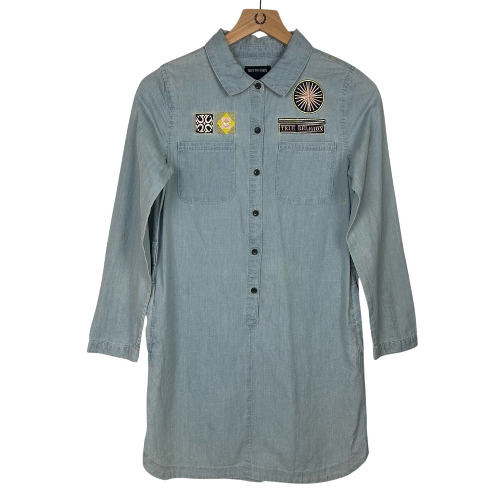 GIRLS True Religion Chambray Surplus Dress with Embroidered Patches Size L